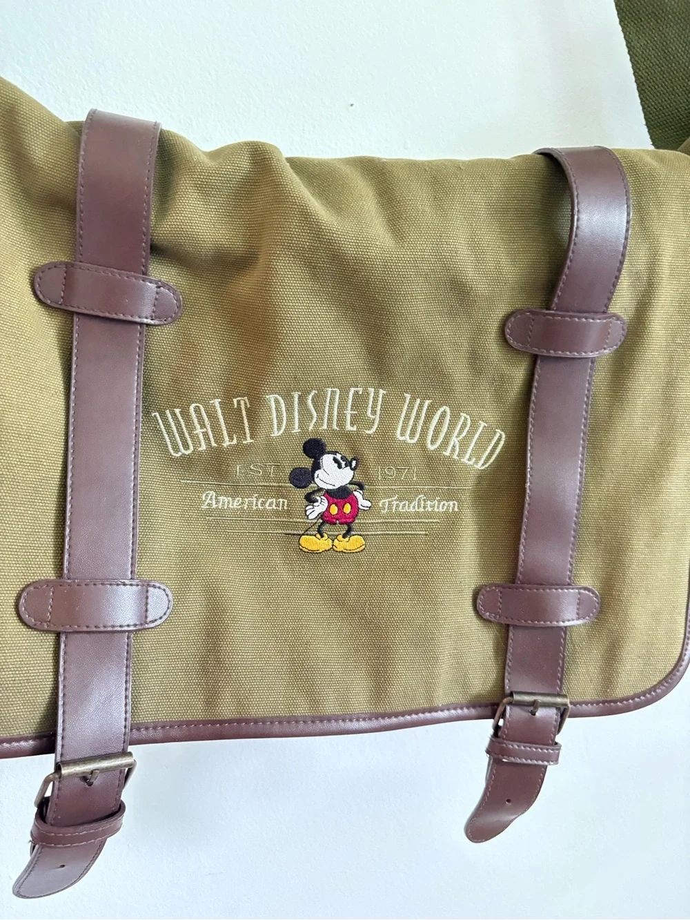 Disney Olive Green Canvas Messenger Bag with Brown Trim and Mickey
